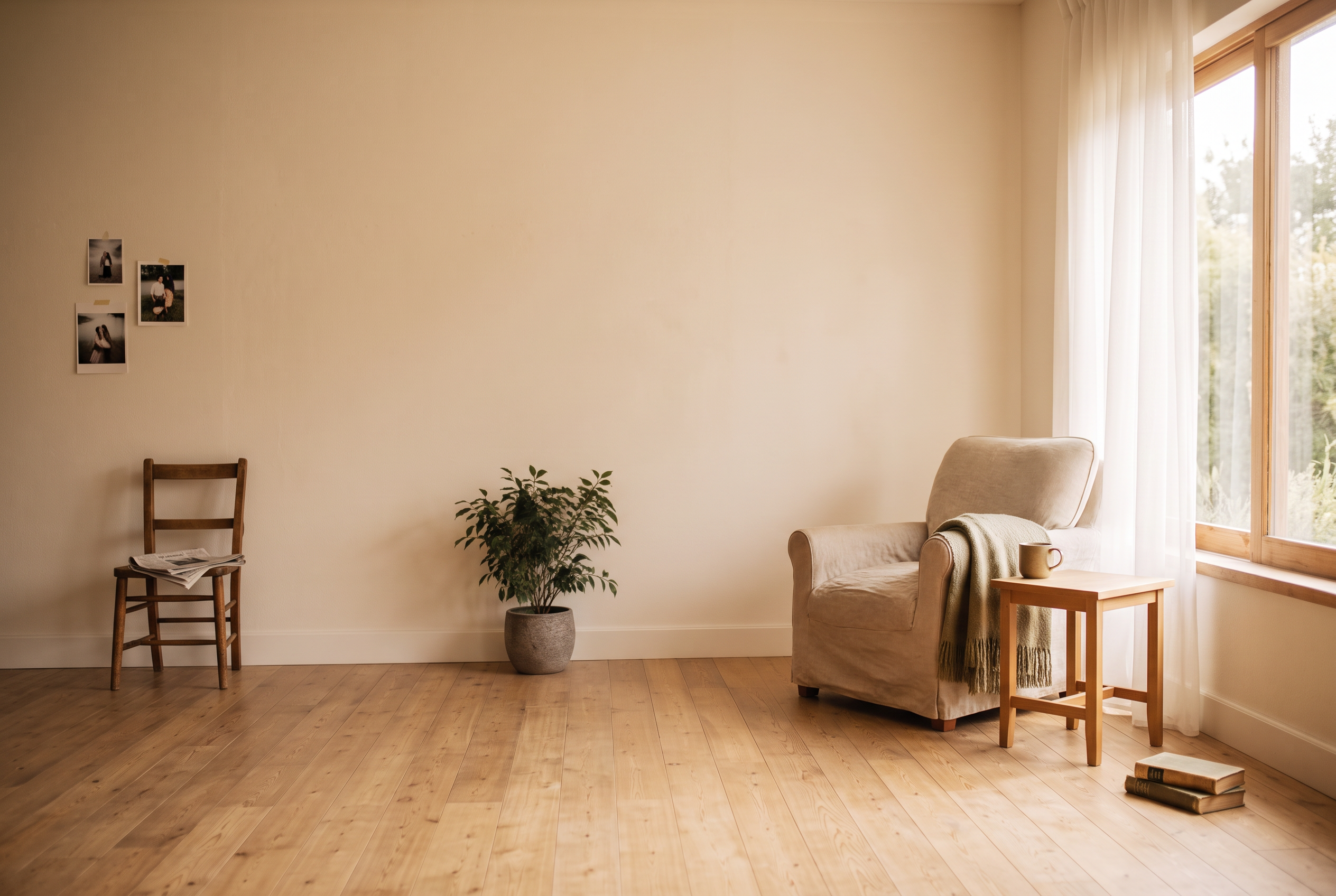 A quiet armchair by a sheer curtain in warm morning light