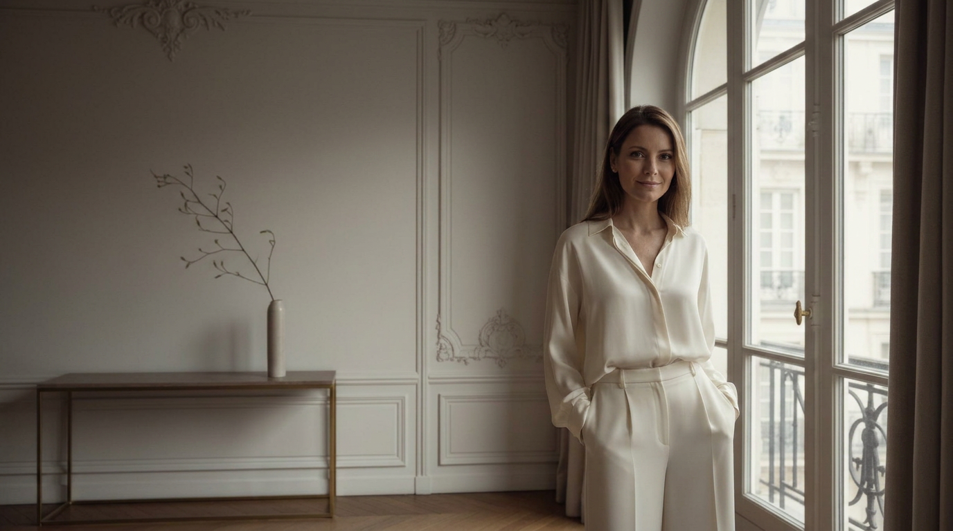 Editorial portrait — woman in soft tailoring smiling gently beside arched Parisian window