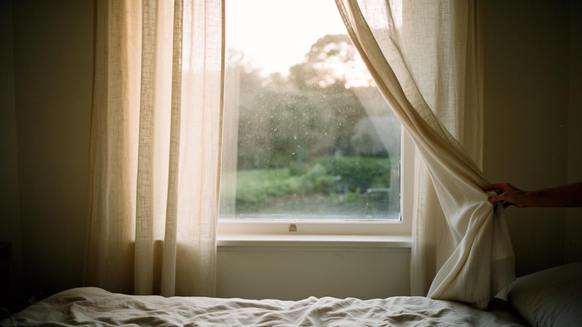 A hand drawing back sheer linen curtains as soft dawn light pours into a quiet room