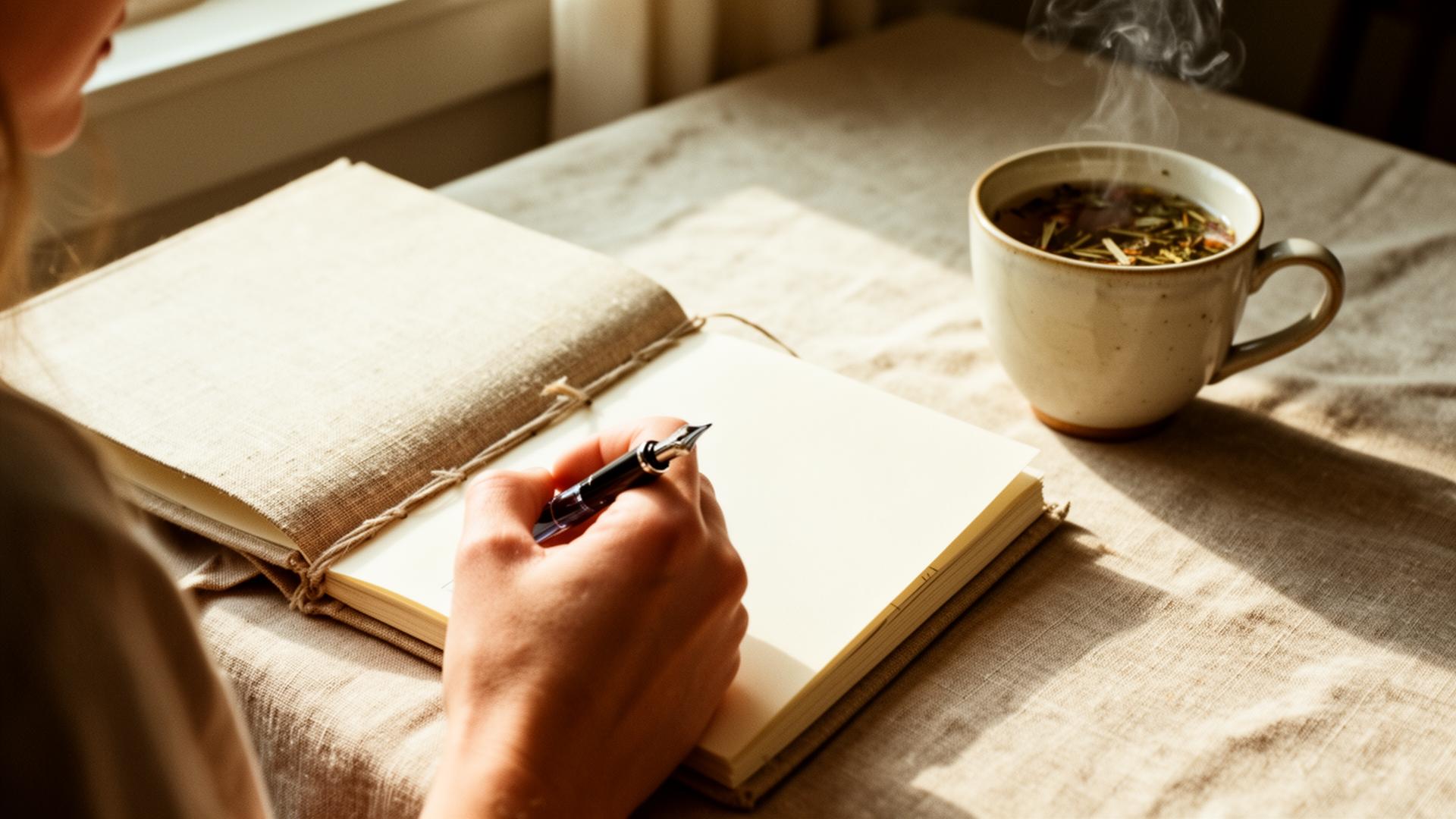 A hand writing in an open linen-bound journal beside a ceramic cup of herbal tea, lit by warm morning light