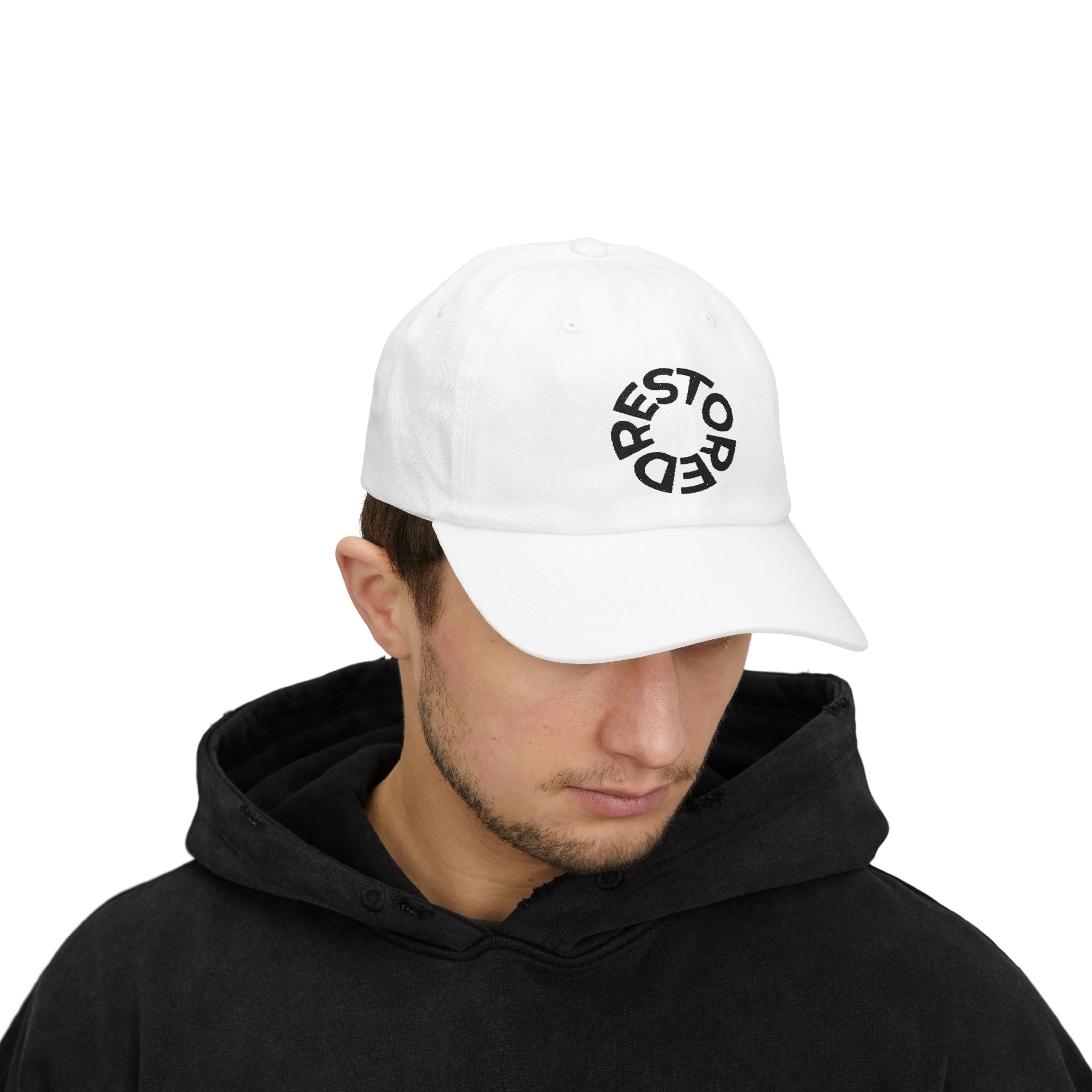 RESTORED™ Signature Embroidered Classic Dad Cap — Minimal Affirmation Hat