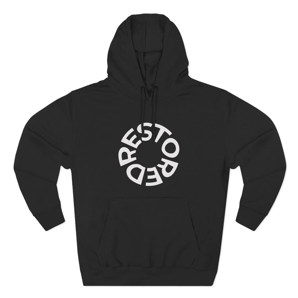 RESTORED black hoodie with minimal circular logo design
