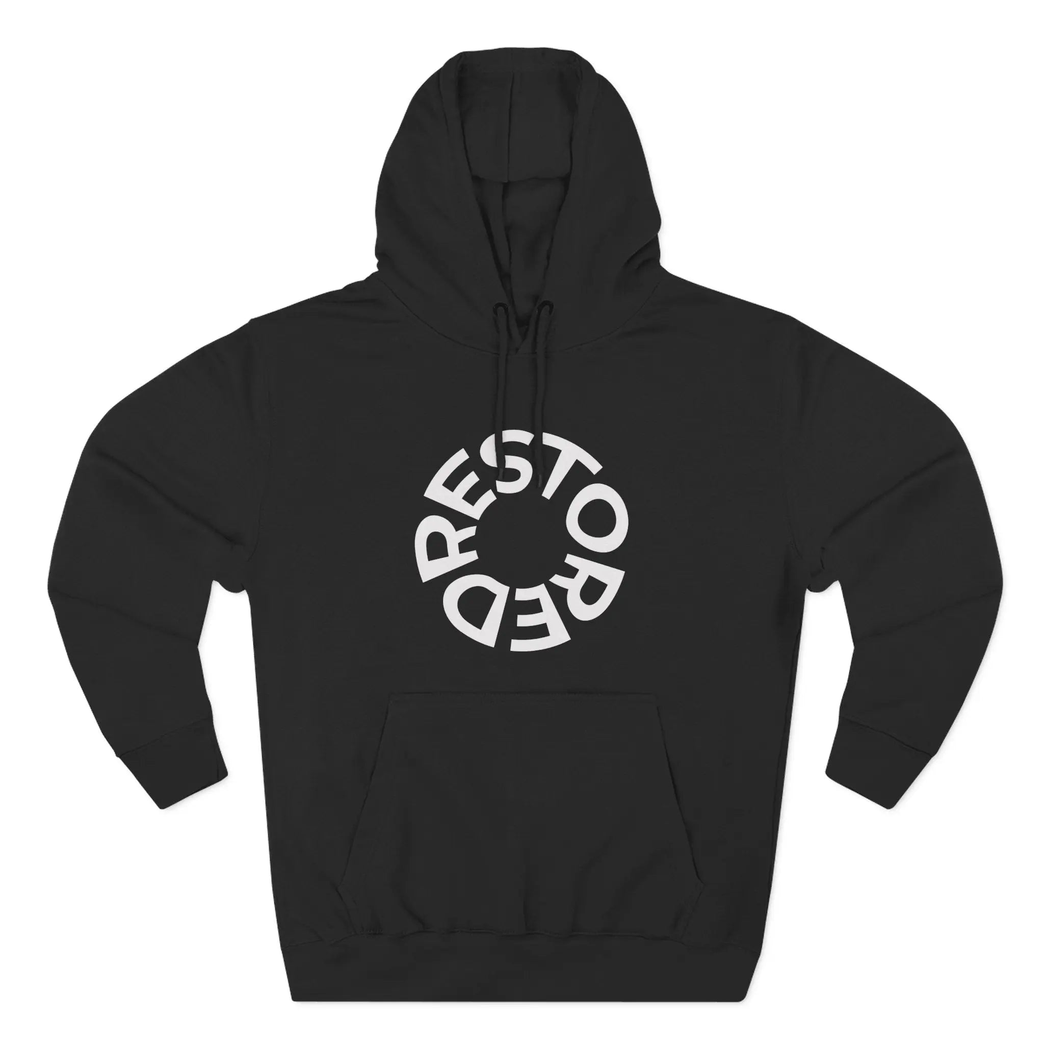 RESTORED black hoodie with minimal circular logo design
