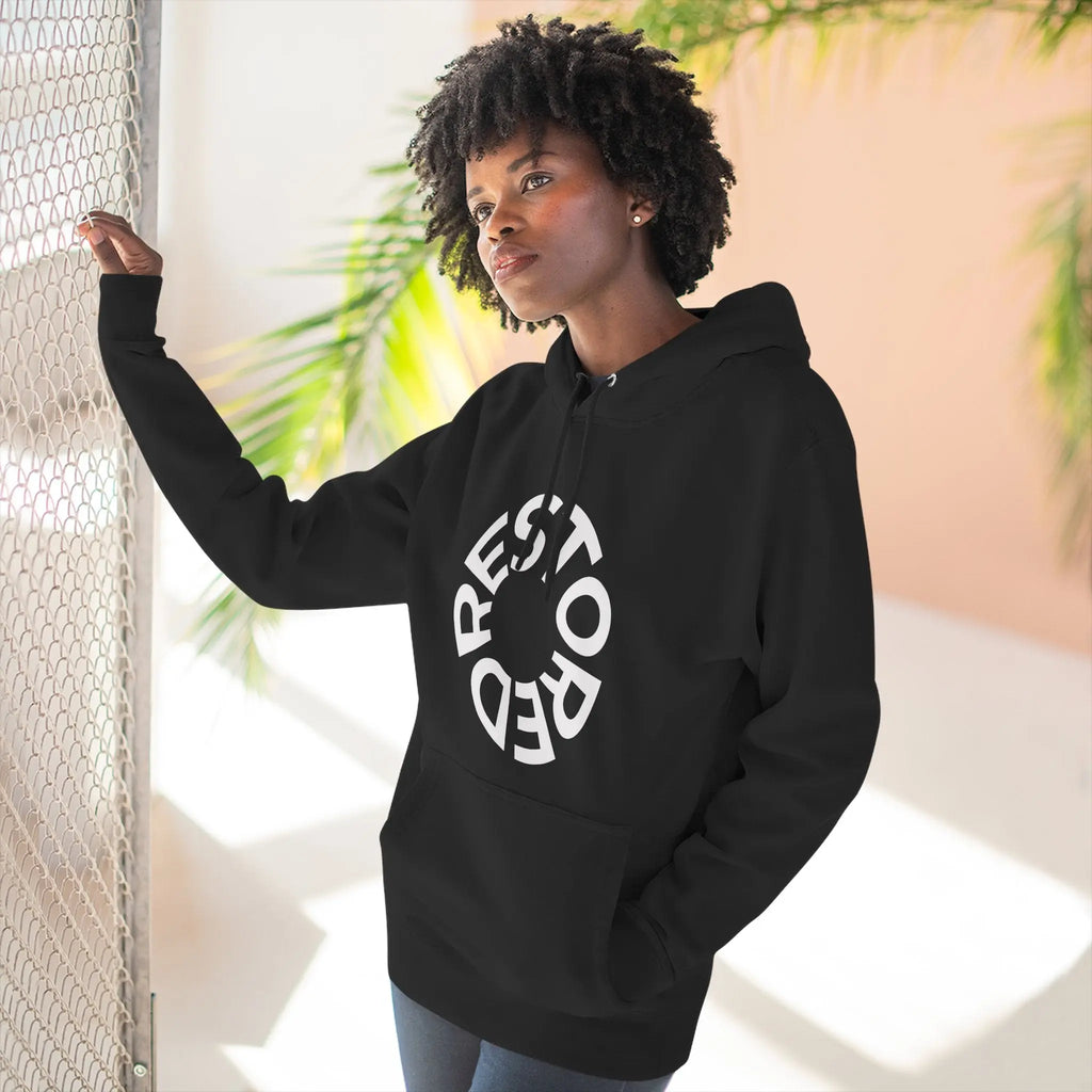 RESTORED black hoodie side view showing fit and design
